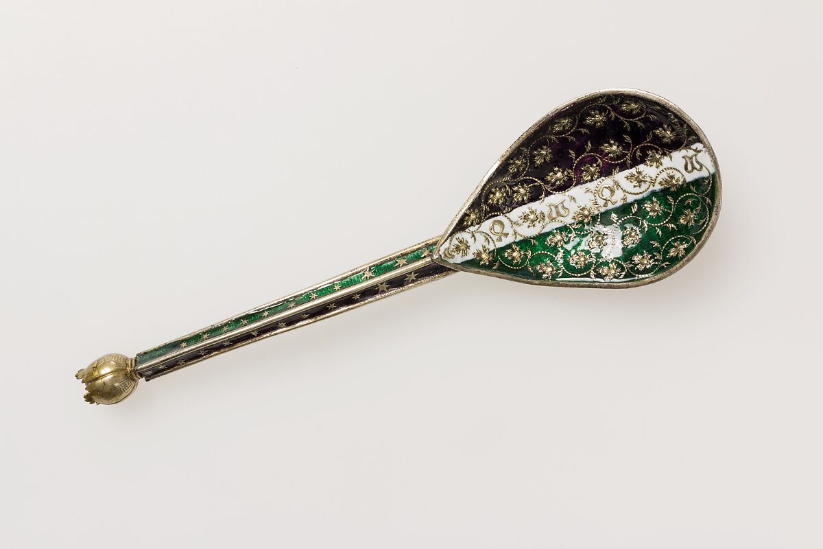 Spoon, Painted enamel, silver, parcel-gilt, French