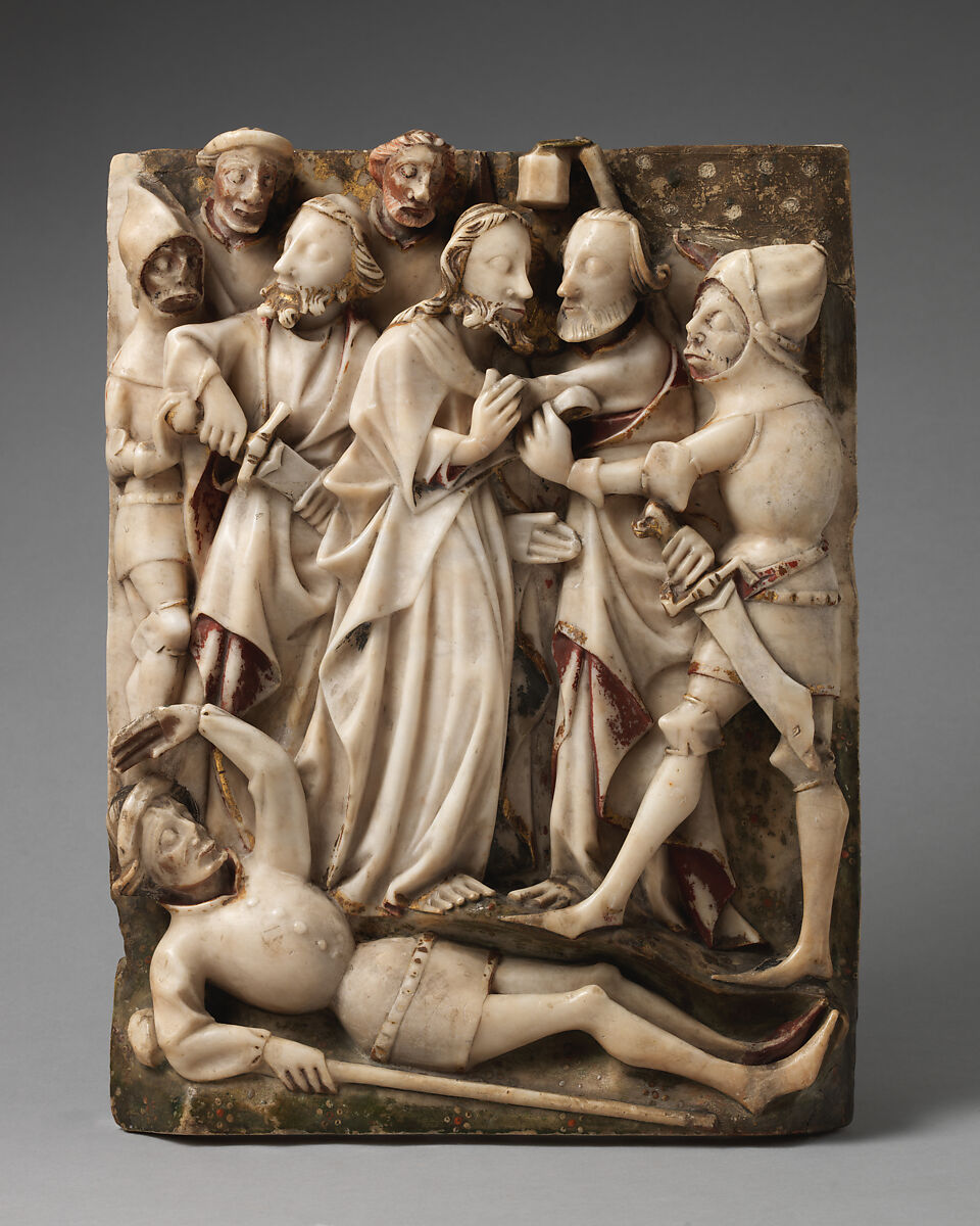 The Betrayal of Christ, School of Nottingham (British), Alabaster with paint and gilding, British 