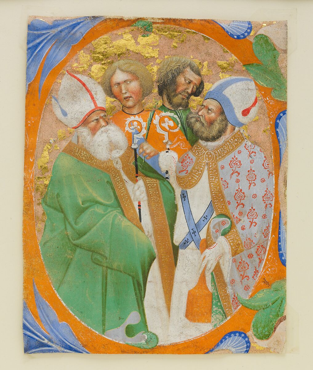 Manuscript Illumination with Four Saints in an Initial O, from a Choir Book, Master of the Murano Gradual (active ca. 1430–60), Tempera, gold, and ink on parchment, Italian 
