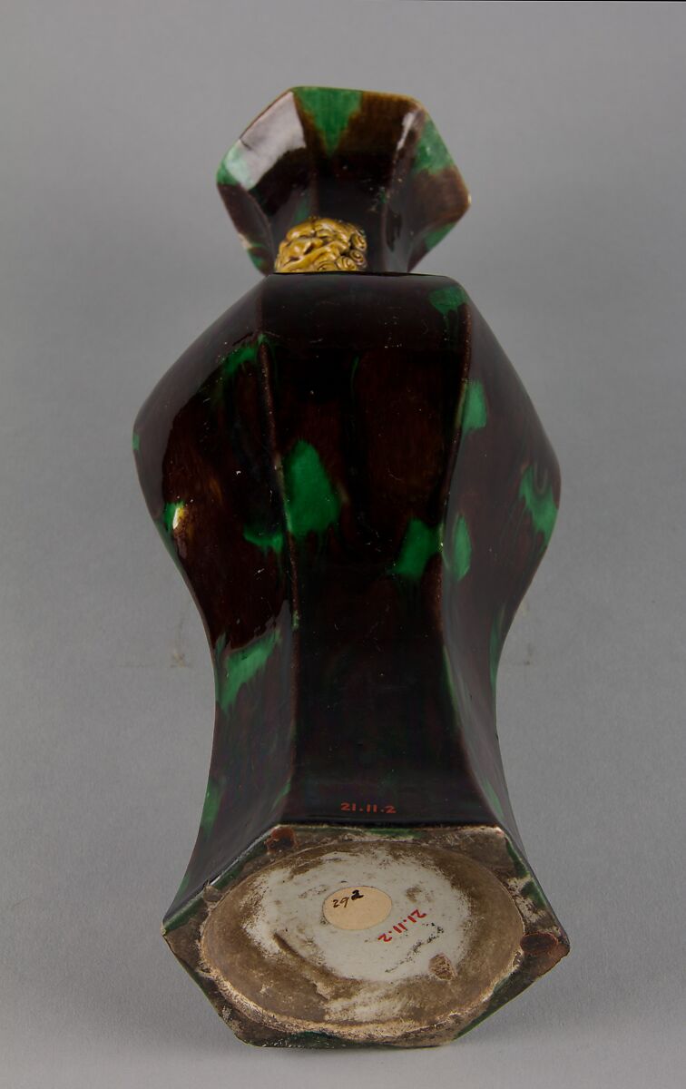 Hexagonal vase with lion-head handles, Biscuit with polychrome enamels (Jingdezhen ware), China