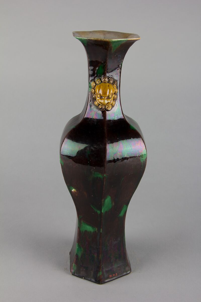 Hexagonal vase with lion-head handles, Biscuit with polychrome enamels (Jingdezhen ware), China