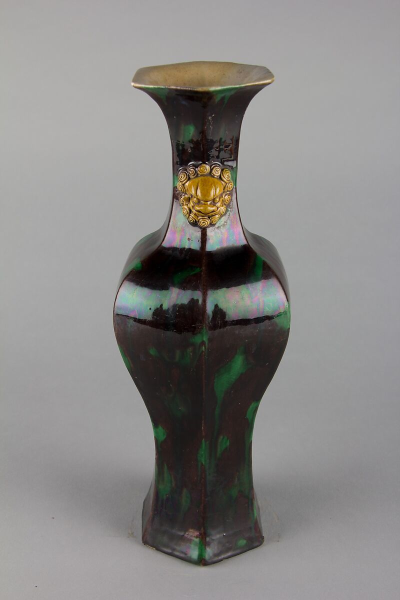 Hexagonal vase with lion-head handles, Biscuit with polychrome enamels (Jingdezhen ware), China