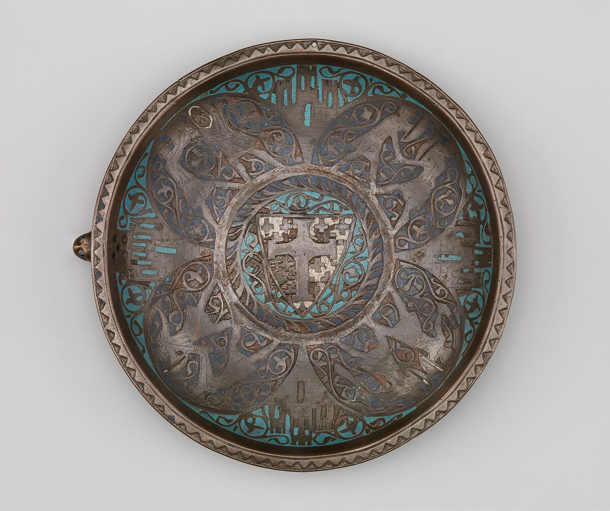 Gemellion (Hand Basin) with the Arms of the Latin Kingdom of Jerusalem, Copper: formed, engraved, gilt; champlevé enamel: medium blue, turquoise, and white, French 