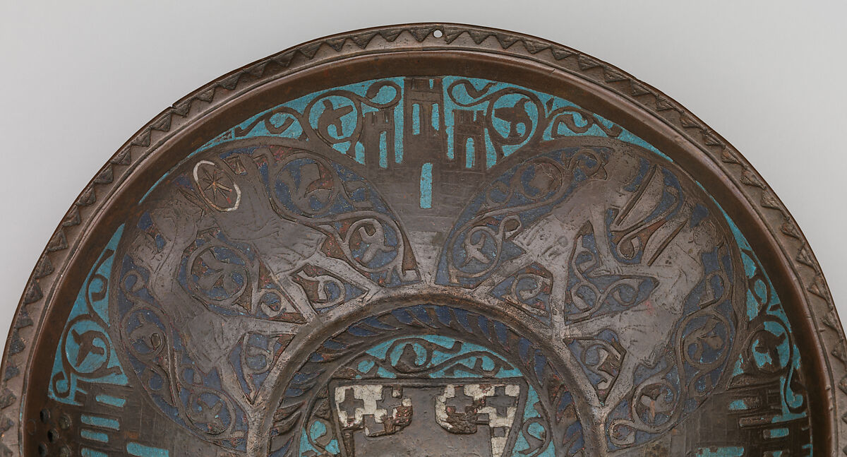Gemellion (Hand Basin) with the Arms of the Latin Kingdom of Jerusalem, Copper: formed, engraved, gilt; champlevé enamel: medium blue, turquoise, and white, French