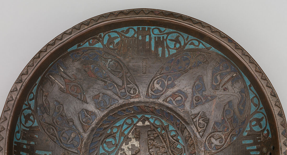 Gemellion (Hand Basin) with the Arms of the Latin Kingdom of Jerusalem, Copper: formed, engraved, gilt; champlevé enamel: medium blue, turquoise, and white, French