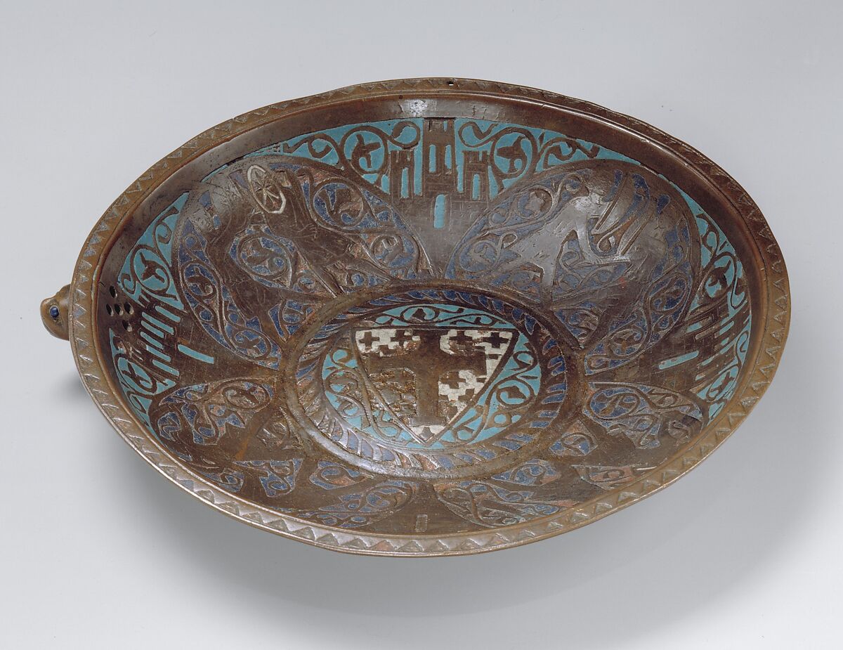 Gemellion (Hand Basin) with the Arms of the Latin Kingdom of Jerusalem, Copper: formed, engraved, gilt; champlevé enamel: medium blue, turquoise, and white, French
