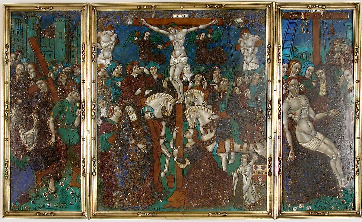 Triptych with The Way to Calvary, Crucifixion, and Descent from the Cross, Atelier of Jean Pénicaud I (French, ca. 1490–after 1543), Painted enamel, copper (frame: gilt copper), French 