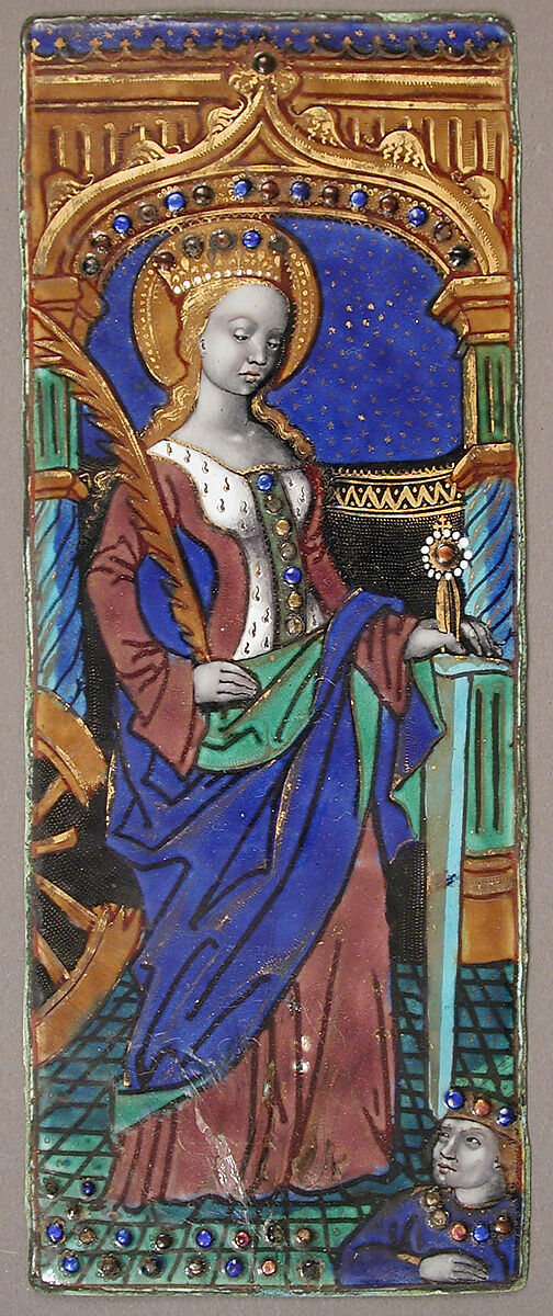 Triptych Panel with Saint Catherine, Master of the Triptych of Louis XII (ca. 1490–ca. 1515), Painted enamel, copper, French 