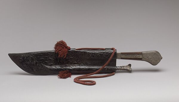 Hunting Knife, Sharpener, and Sheath, Workshop of Louis Marcy (Luigi Parmeggiani) (Italian, 1860–1945) (?), Steel, wood, silver-gilt, champlevé enamel, Sheath-Cuir bouilli (tooled leather), red cord, French 