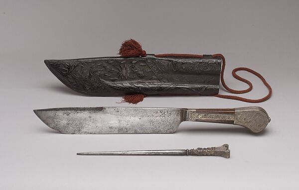 Hunting Knife, Sharpener, and Sheath, Workshop of Louis Marcy (Luigi Parmeggiani) (Italian, 1860–1945) (?), Steel, wood, silver-gilt, champlevé enamel, Sheath-Cuir bouilli (tooled leather), red cord, French