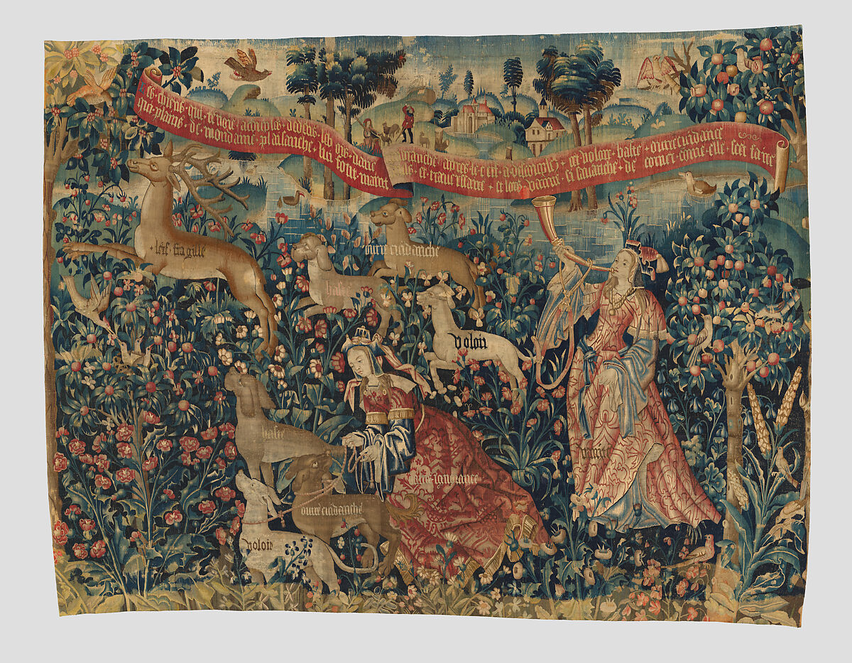 Vanity Sounds the Horn and Ignorance Unleashes the Hounds Overconfidence, Rashness, and Desire (from The Hunt of the Frail Stag), Wool warp, wool and silk wefts, one place embroidered in wool yarn, South Netherlandish