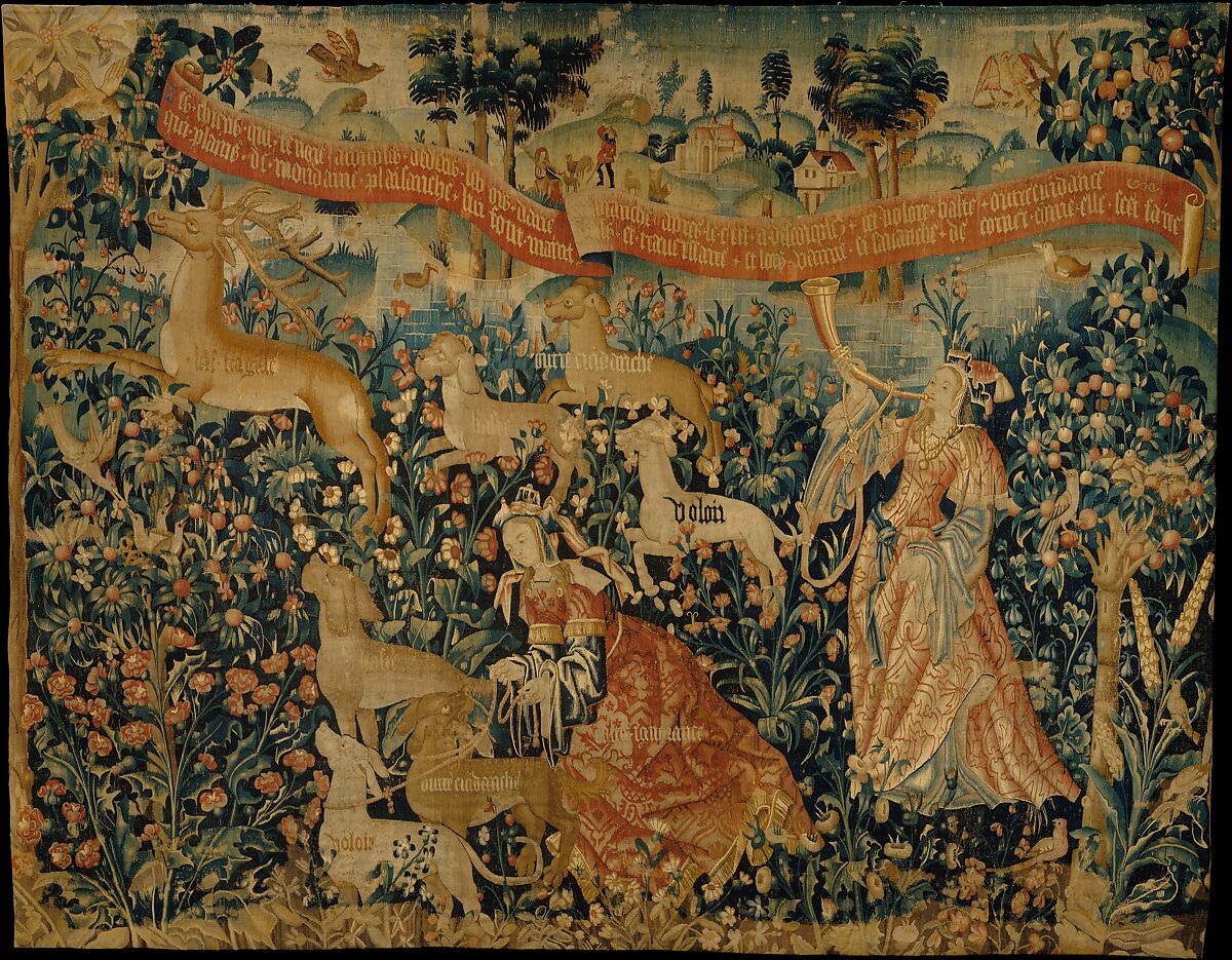 Vanity Sounds the Horn and Ignorance Unleashes the Hounds Overconfidence, Rashness, and Desire (from The Hunt of the Frail Stag), Wool warp, wool and silk wefts, one place embroidered in wool yarn, South Netherlandish 