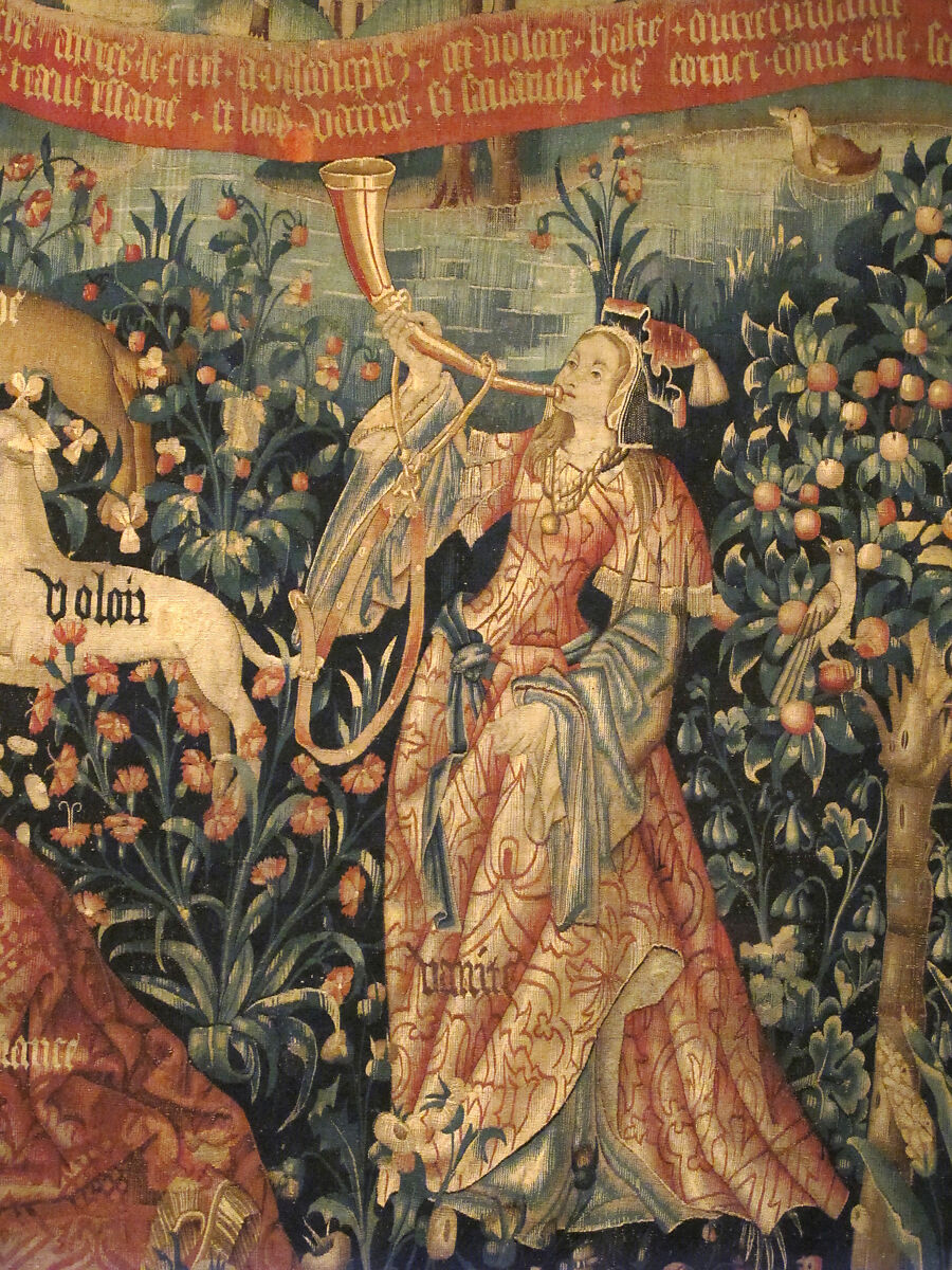 Vanity Sounds the Horn and Ignorance Unleashes the Hounds Overconfidence, Rashness, and Desire (from The Hunt of the Frail Stag), Wool warp, wool and silk wefts, one place embroidered in wool yarn, South Netherlandish