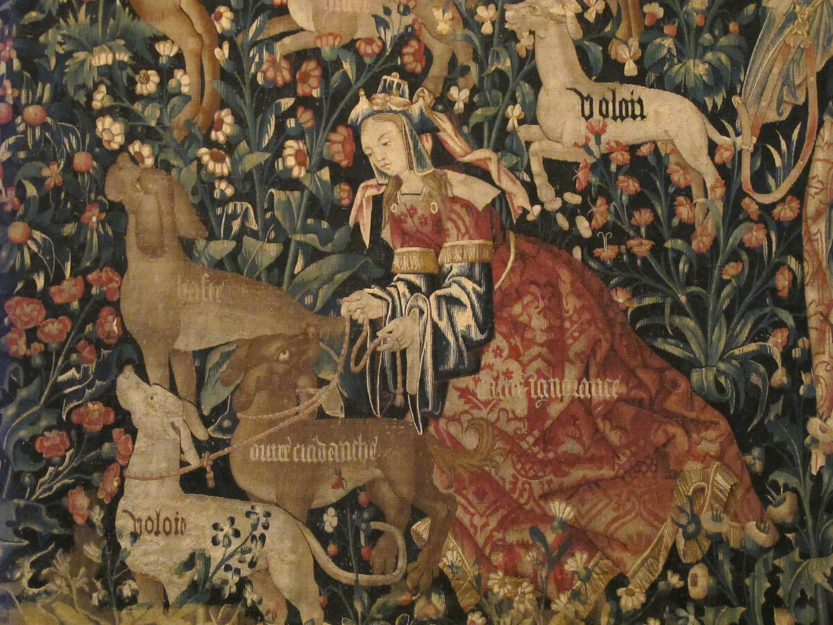 Vanity Sounds the Horn and Ignorance Unleashes the Hounds Overconfidence, Rashness, and Desire (from The Hunt of the Frail Stag), Wool warp, wool and silk wefts, one place embroidered in wool yarn, South Netherlandish