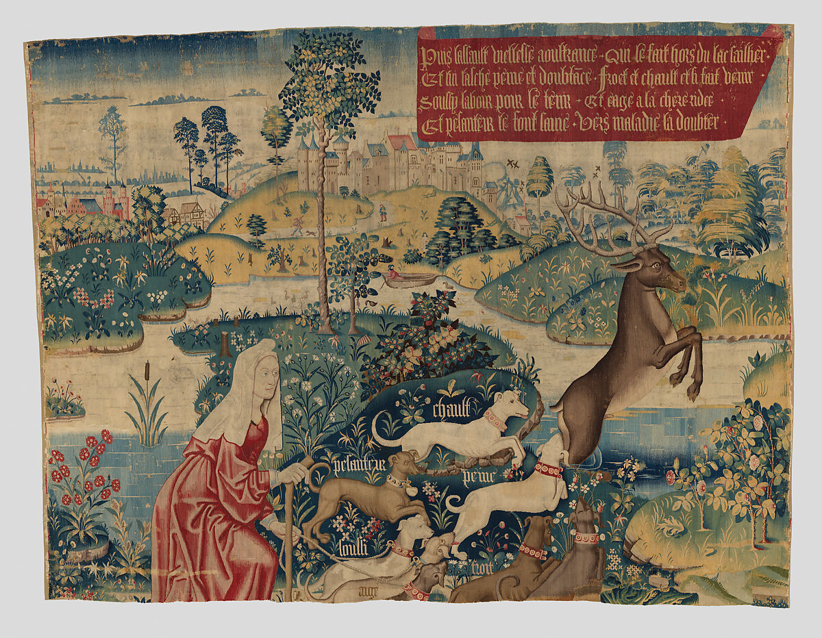 Old Age Drives the Stag out of a Lake and the Hounds Heat, Grief, Cold, Anxiety, Age, and Heaviness Pursue Him: (from The Hunt of the Frail Stag), Wool warp, wool and silk wefts, embroidered with wool, South Netherlandish