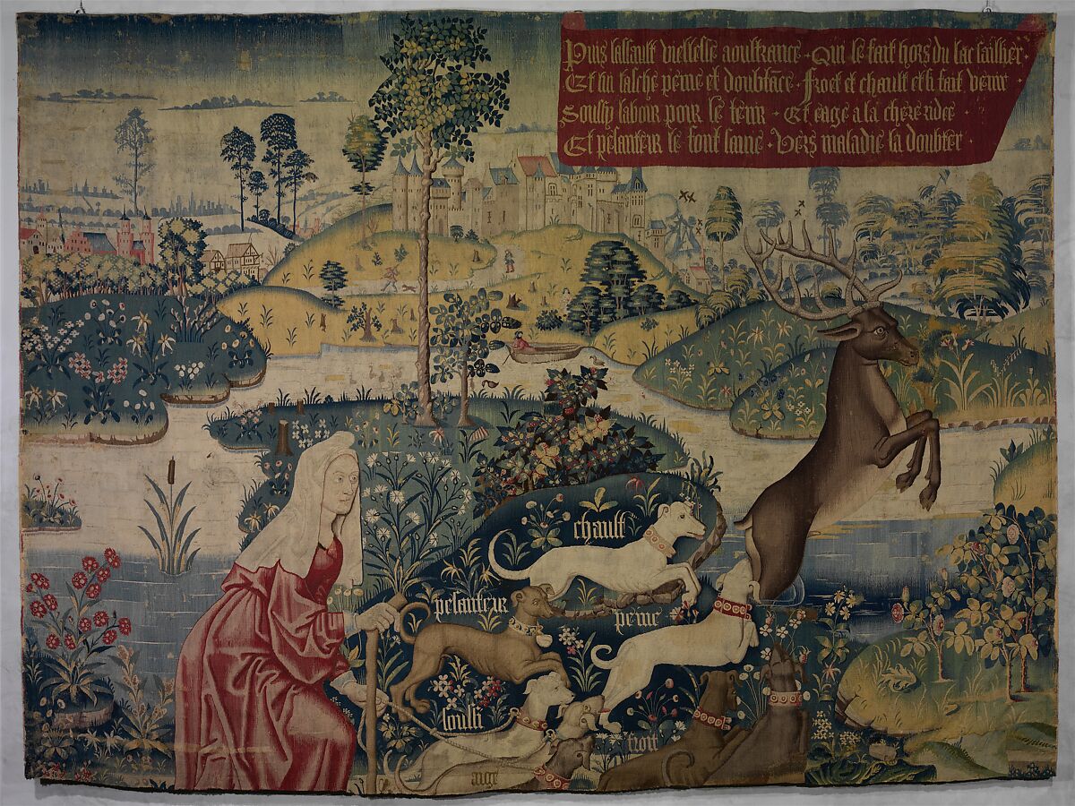 Old Age Drives the Stag out of a Lake and the Hounds Heat, Grief, Cold, Anxiety, Age, and Heaviness Pursue Him: (from The Hunt of the Frail Stag), Wool warp, wool and silk wefts, embroidered with wool, South Netherlandish 