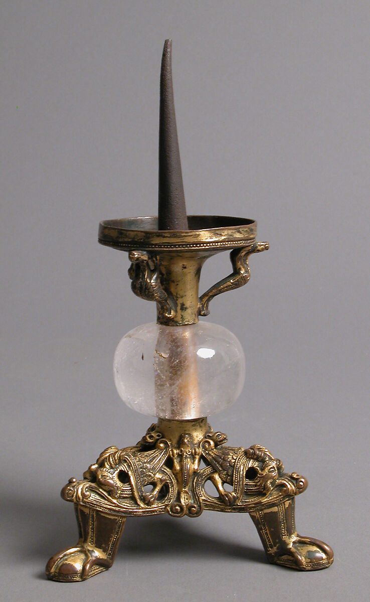 Pricket Candlestick with Fantastic Creatures, Gilt-copper alloy, rock crystal, South Netherlandish 