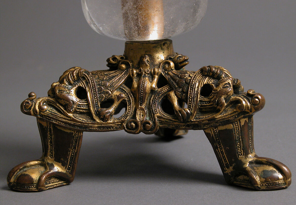 Pricket Candlestick with Fantastic Creatures, Gilt-copper alloy, rock crystal, South Netherlandish
