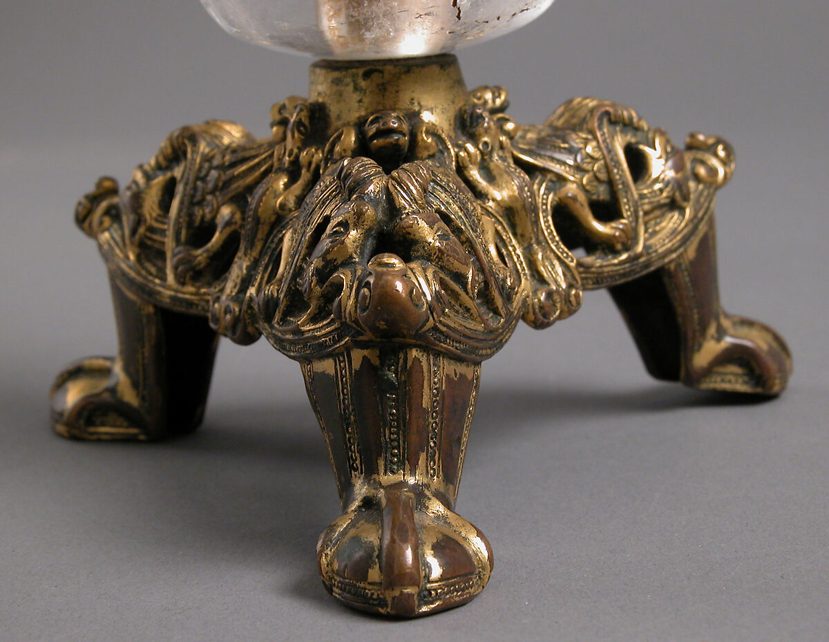 Pricket Candlestick with Fantastic Creatures, Gilt-copper alloy, rock crystal, South Netherlandish