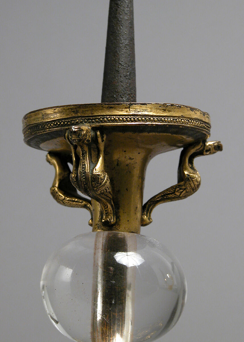 Pricket Candlestick with Fantastic Creatures, Gilt copper alloy, rock crystal, South Netherlandish
