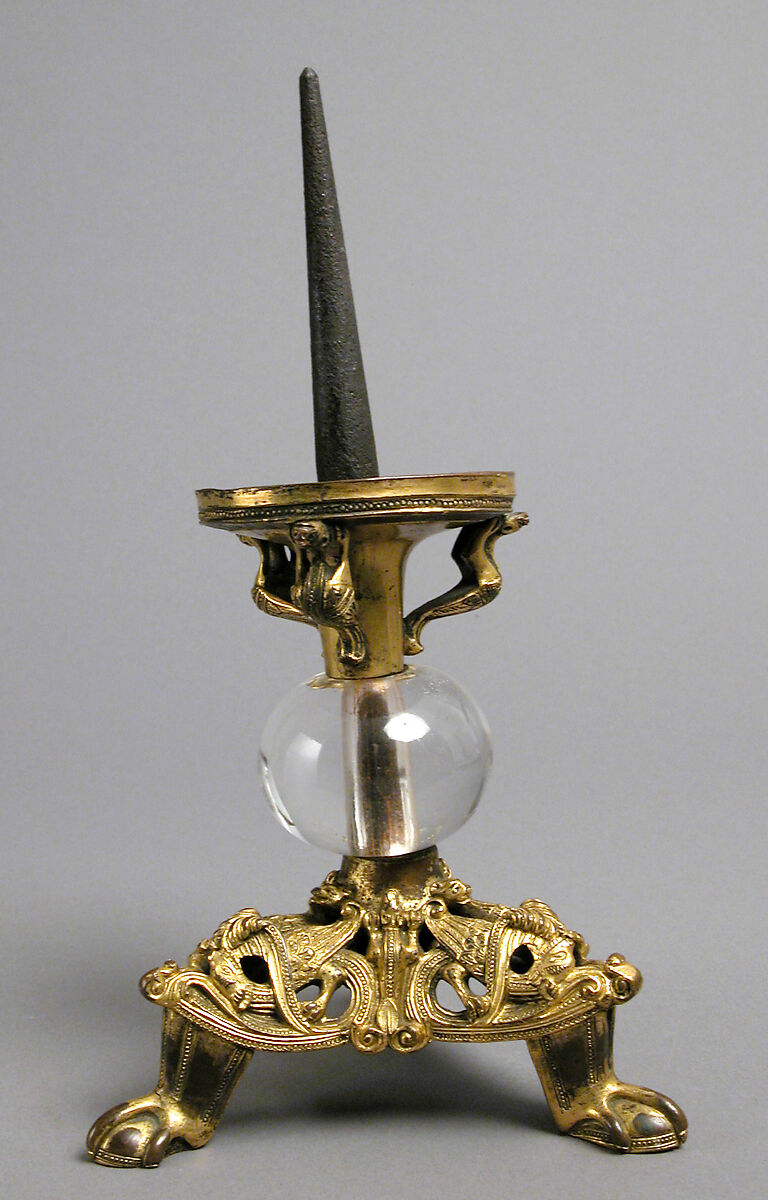 Pricket Candlestick with Fantastic Creatures, Gilt copper alloy, rock crystal, South Netherlandish