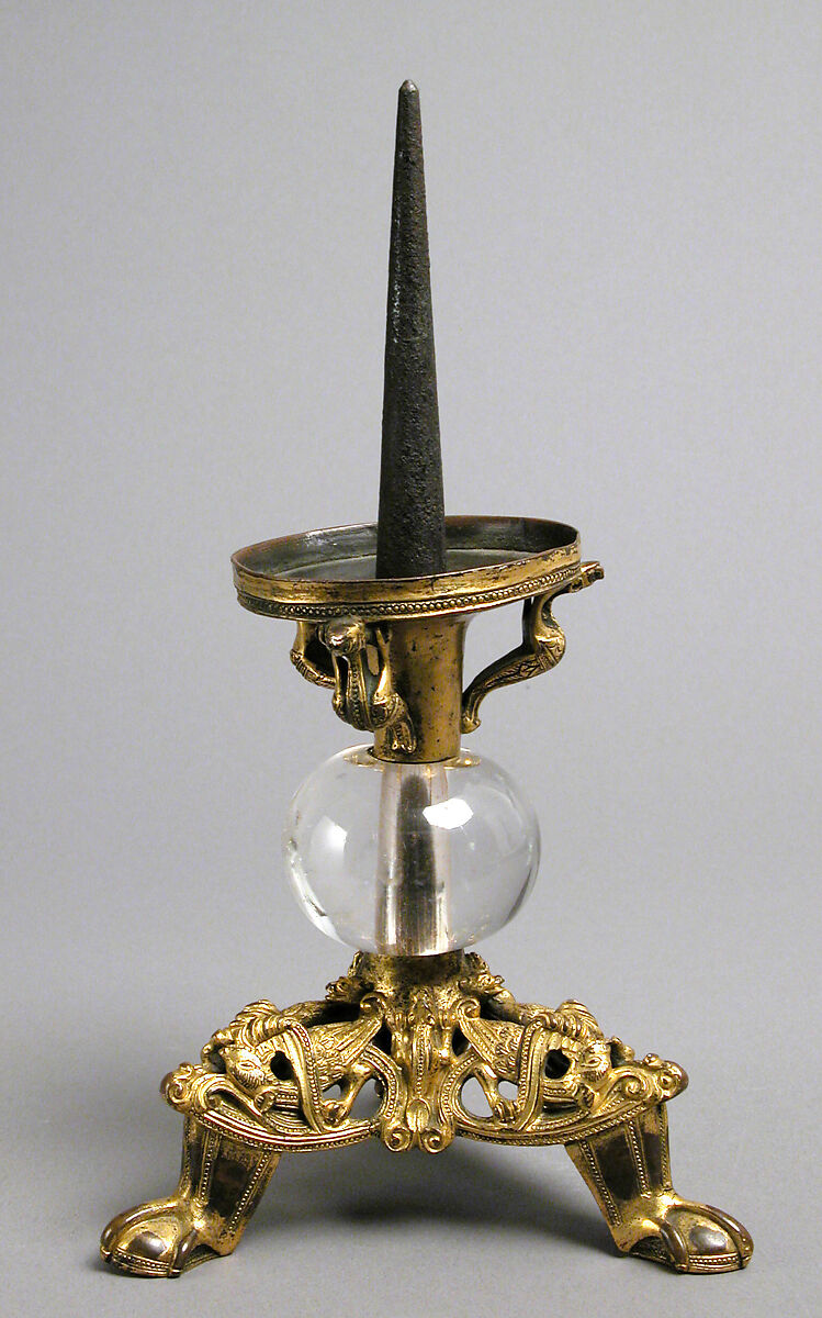 Pricket Candlestick with Fantastic Creatures, Gilt copper alloy, rock crystal, South Netherlandish