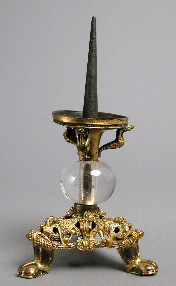 Pricket Candlestick with Fantastic Creatures, Gilt copper alloy, rock crystal, South Netherlandish 