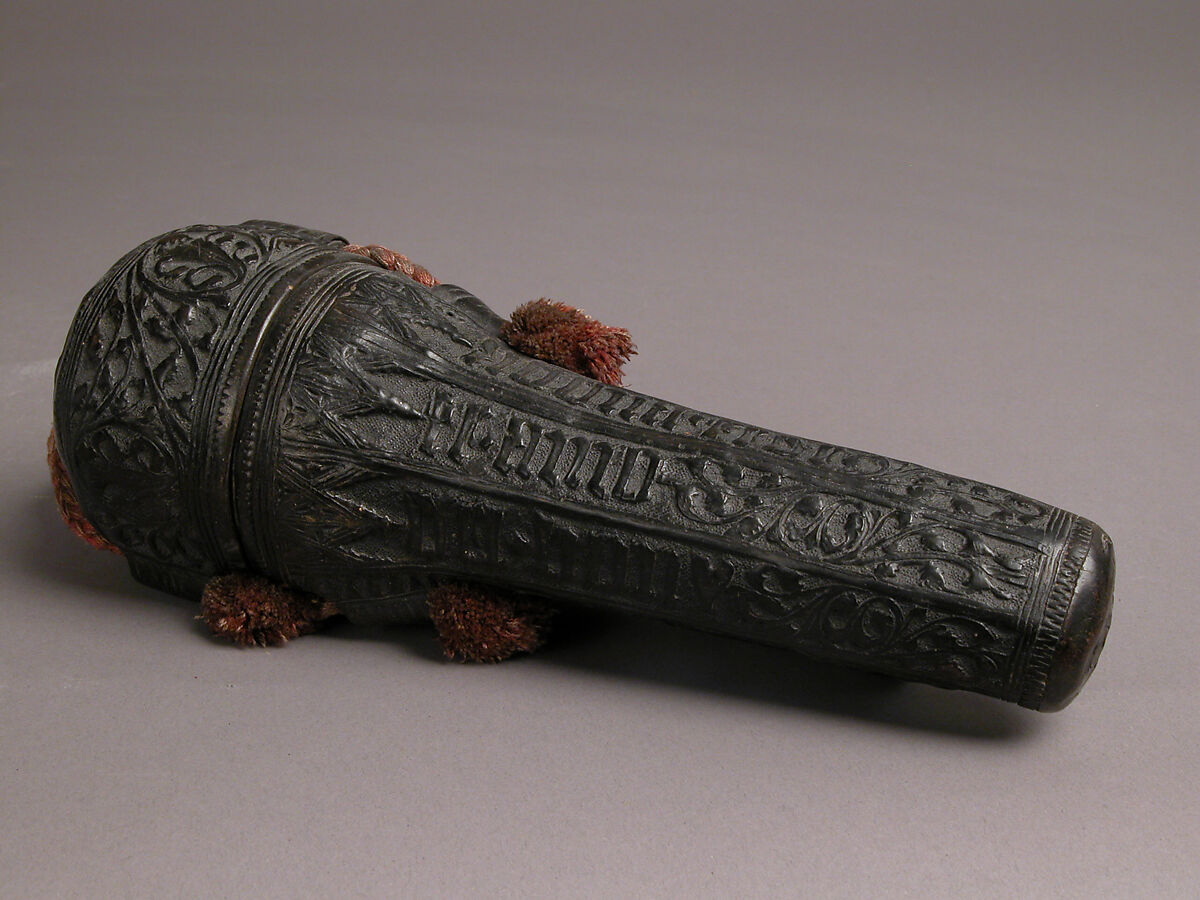 Case (étui) with an amorous inscription, Leather (Cuir bouilli), wood core, red cord, Italian