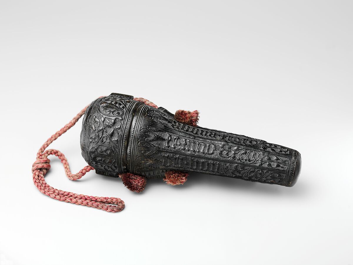 Case (étui) with an amorous inscription, Leather (Cuir bouilli), wood core, red cord, Italian 