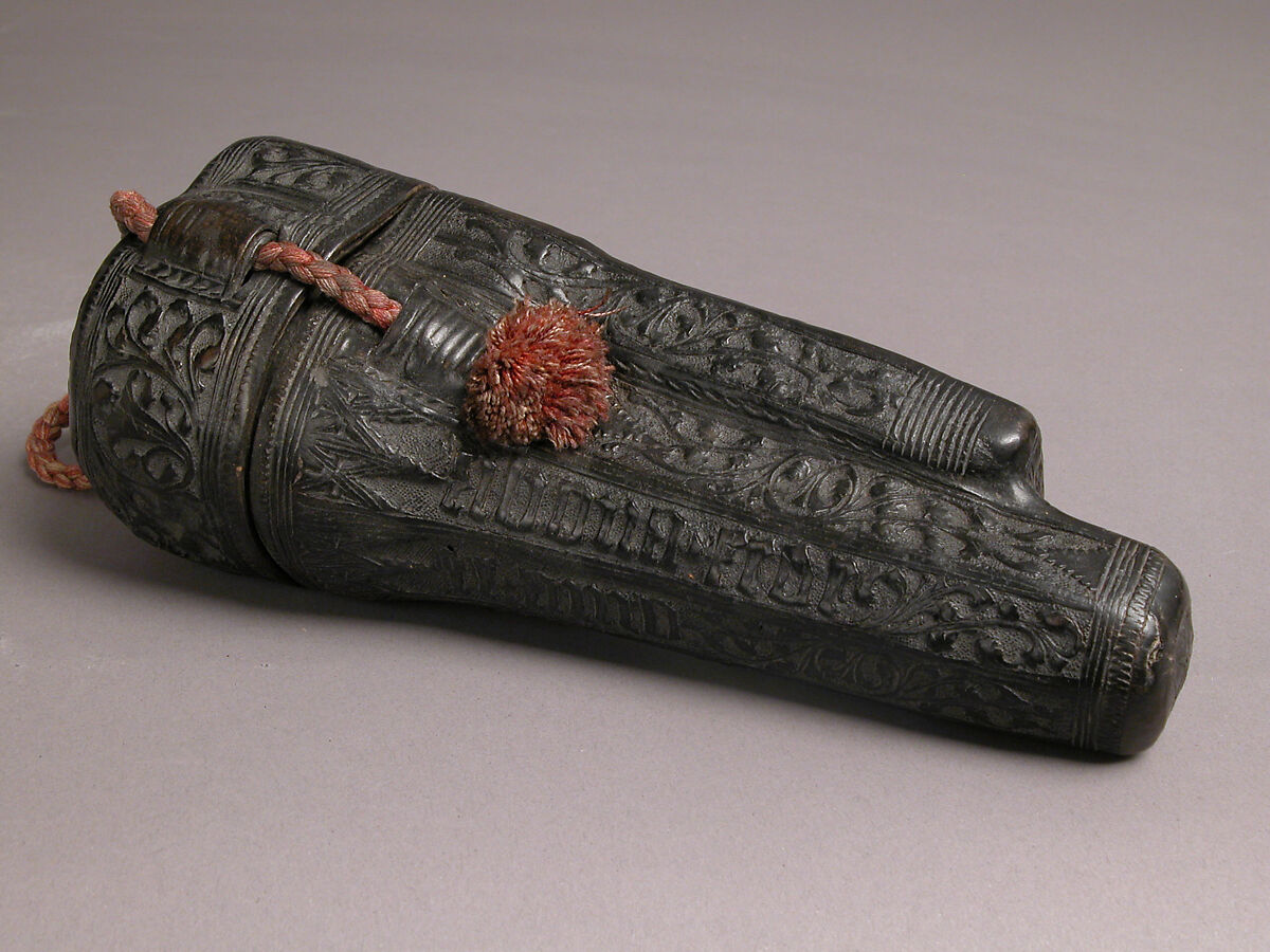Case (étui) with an amorous inscription, Leather (Cuir bouilli), wood core, red cord, Italian