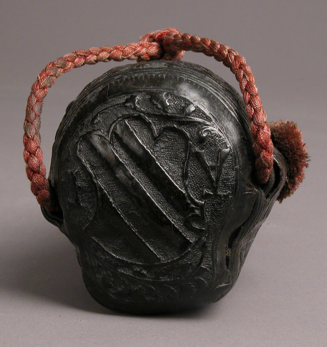 Case (étui) with an amorous inscription, Leather (Cuir bouilli), wood core, red cord, Italian