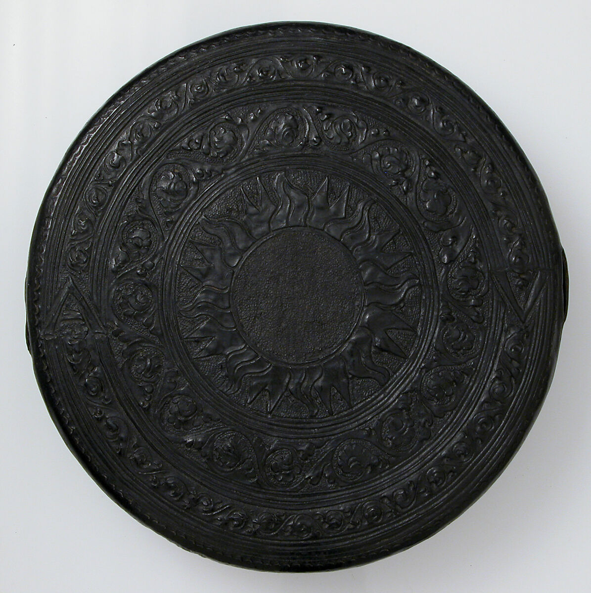Round Box, Cuir bouilli (tooled leather), silk damask lining over wood core, Italian