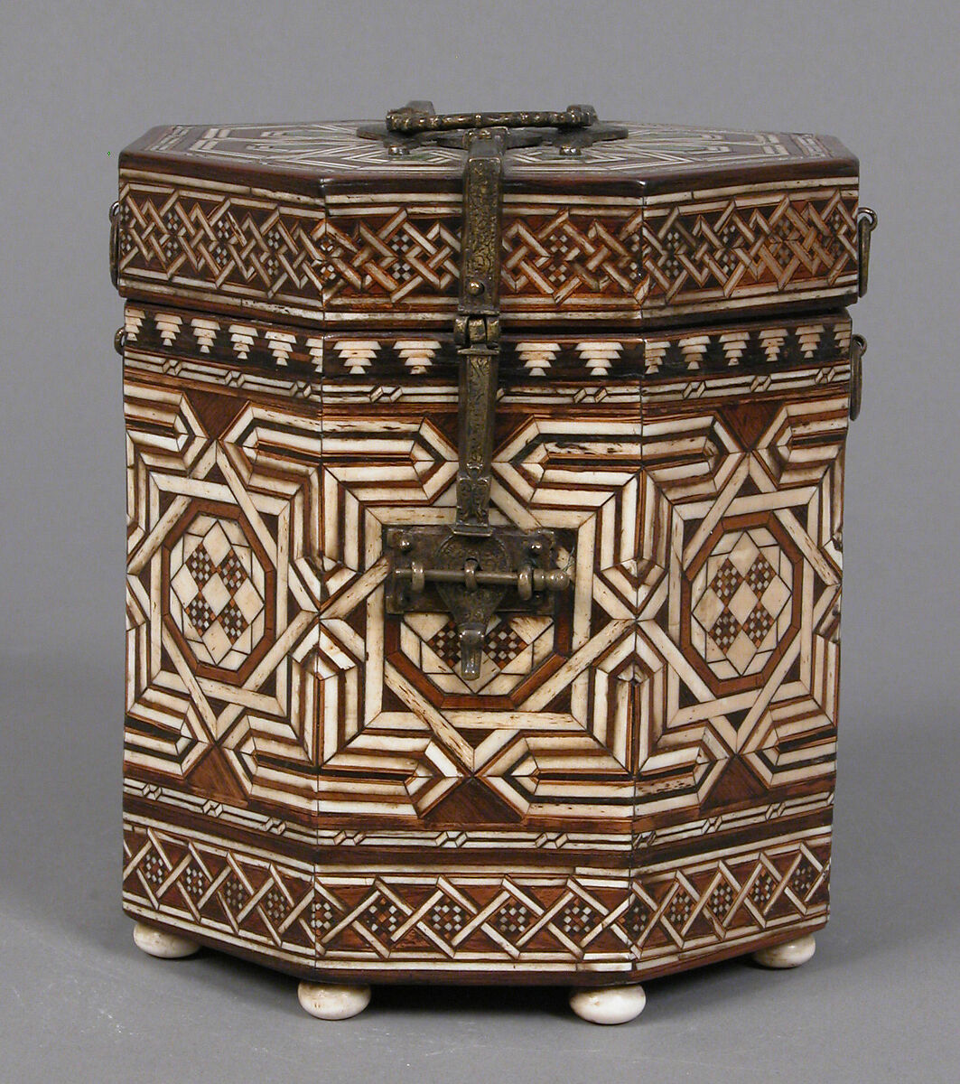 Octagonal Box, Elephant ivory or bone, various woods, polychromy, gilt-copper alloy mounts, Spanish