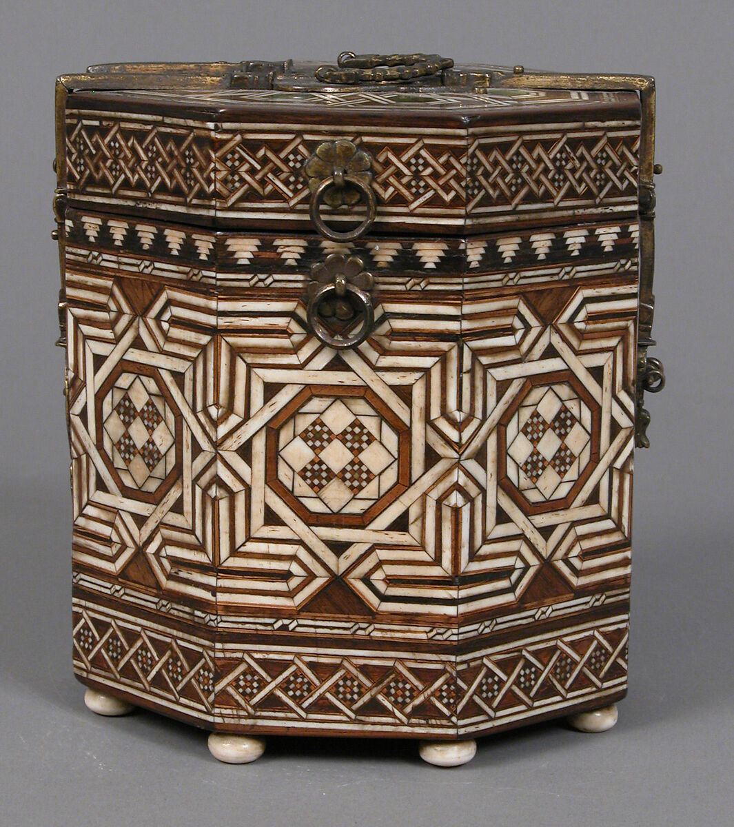 Octagonal Box, Elephant ivory or bone, various woods, polychromy, gilt-copper alloy mounts, Spanish