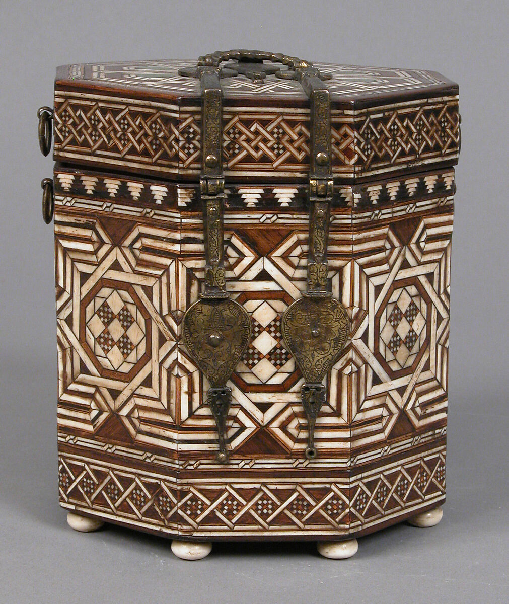 Octagonal Box, Elephant ivory or bone, various woods, polychromy, gilt-copper alloy mounts, Spanish