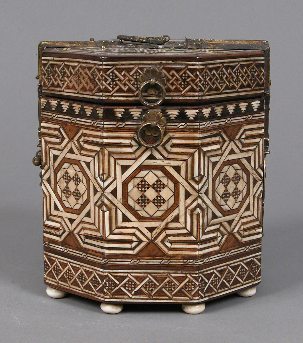 Octagonal Box, Elephant ivory or bone, various woods, polychromy, gilt-copper alloy mounts, Spanish