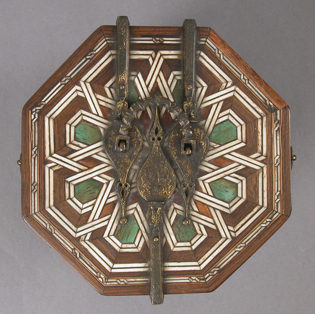 Octagonal Box, Elephant ivory or bone, various woods, polychromy, gilt-copper alloy mounts, Spanish