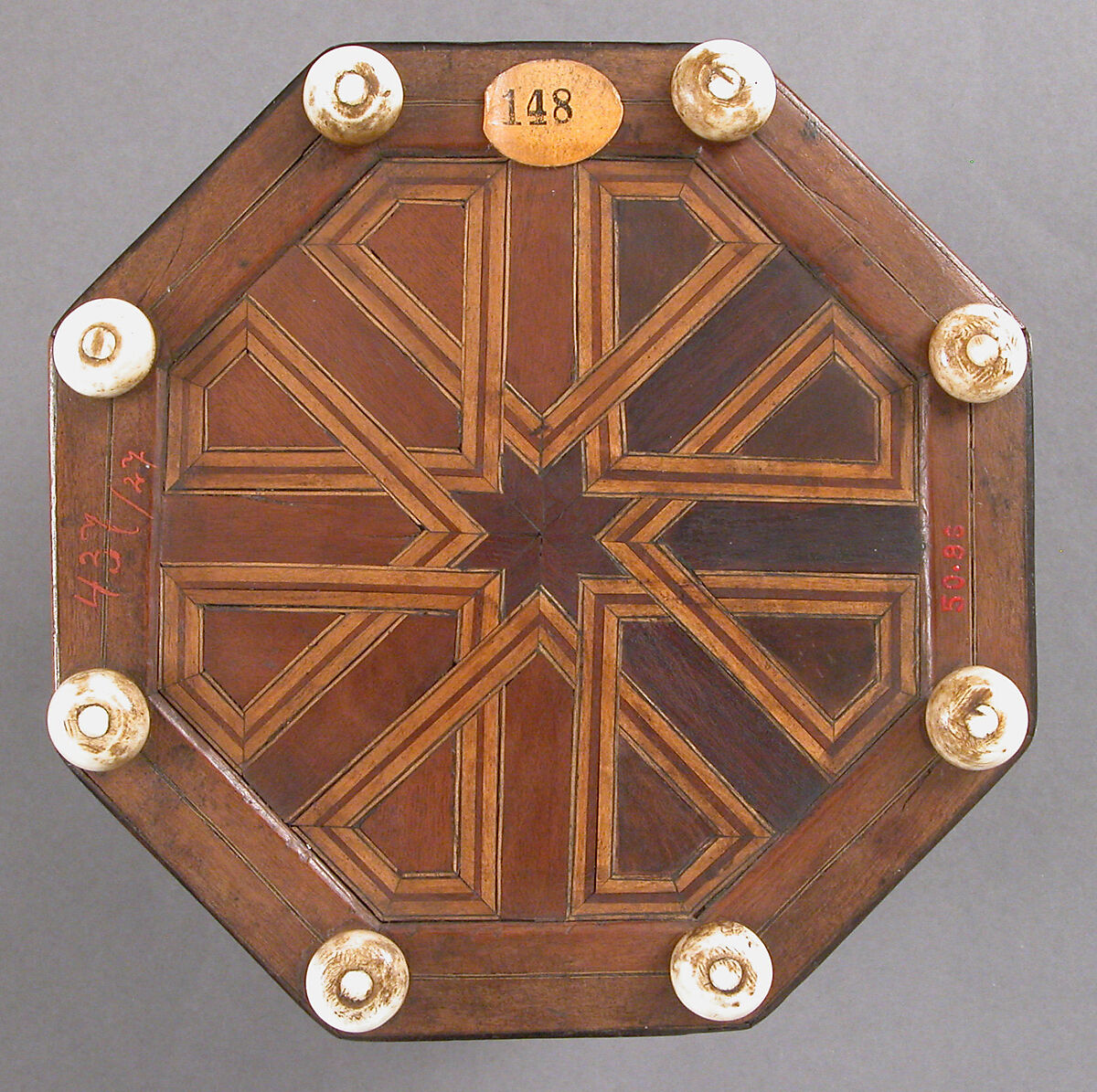 Octagonal Box, Elephant ivory or bone, various woods, polychromy, gilt-copper alloy mounts, Spanish