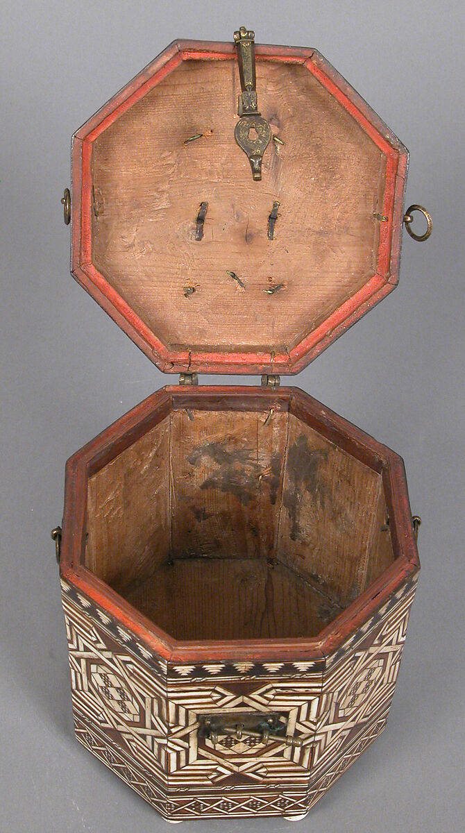 Octagonal Box, Elephant ivory or bone, various woods, polychromy, gilt-copper alloy mounts, Spanish