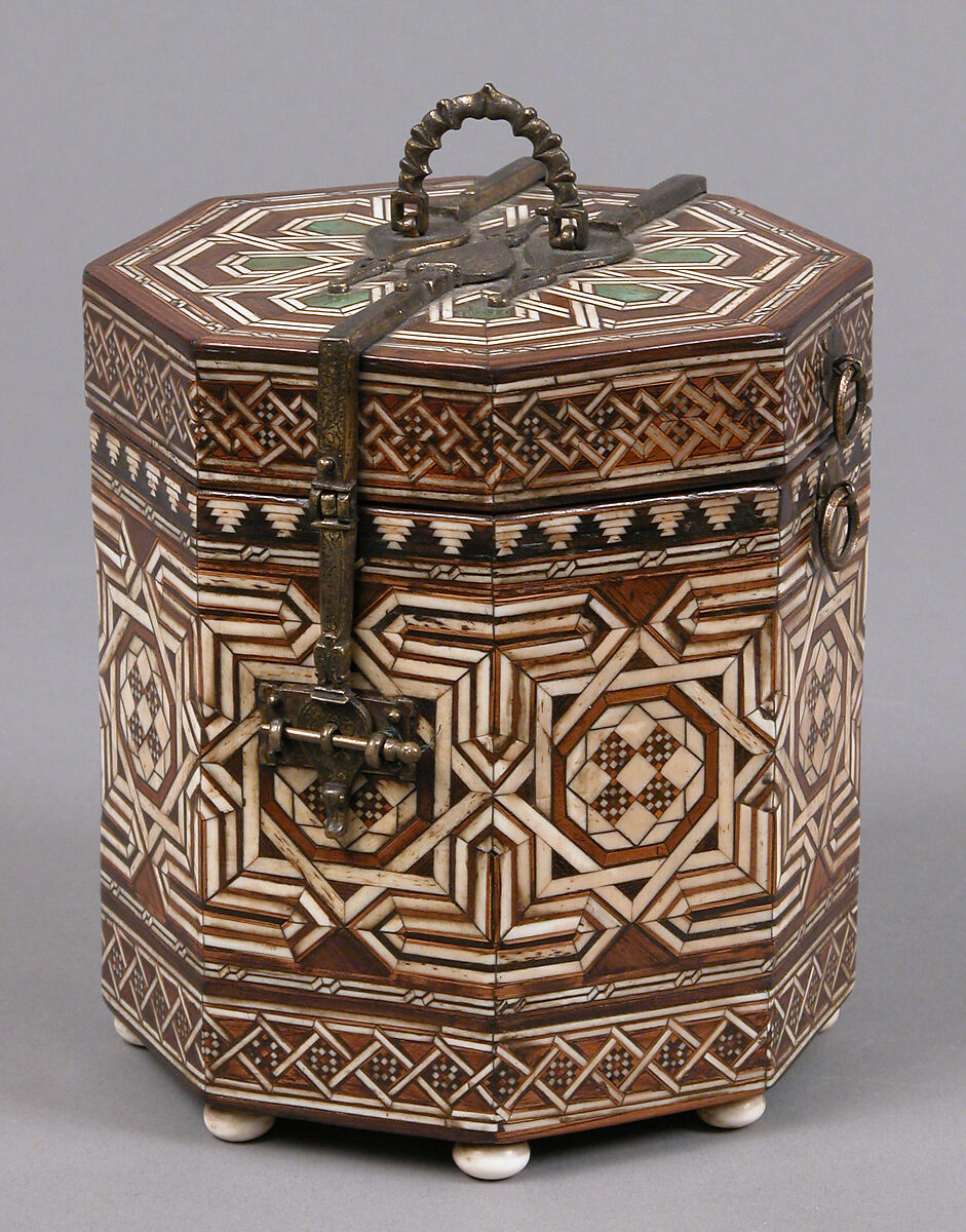 Octagonal Box, Elephant ivory or bone, various woods, polychromy, gilt-copper alloy mounts, Spanish 