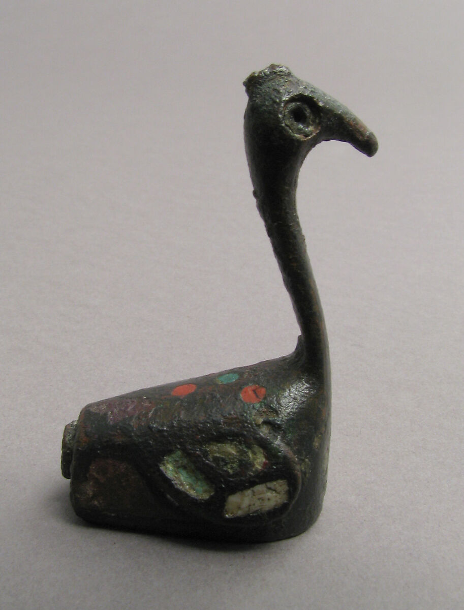 Brooch in the Form of a Peacock, Champlevé enamel, bronze, garnet cabochon, Roman