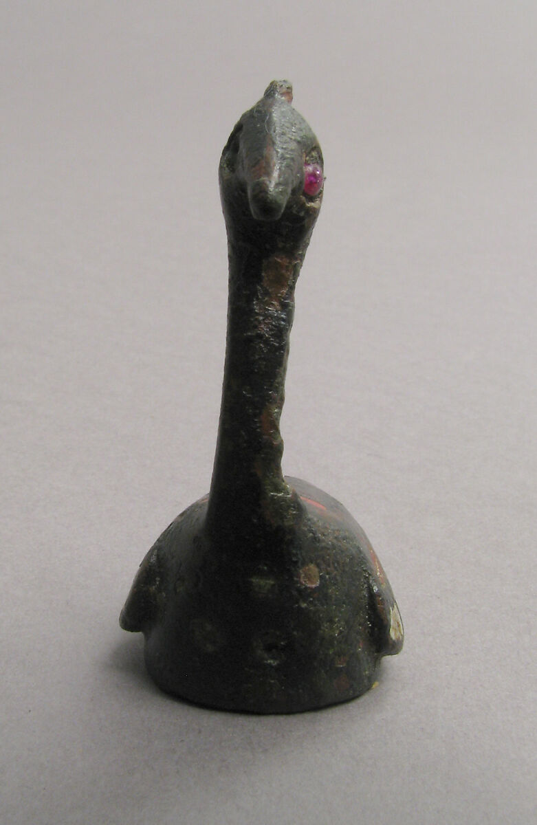 Brooch in the Form of a Peacock, Champlevé enamel, bronze, garnet cabochon, Roman