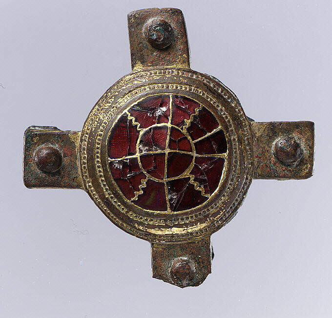 Cloisonné Strap Mount, Copper alloy, gilt (frame), gold central medallion with gold, Frankish 