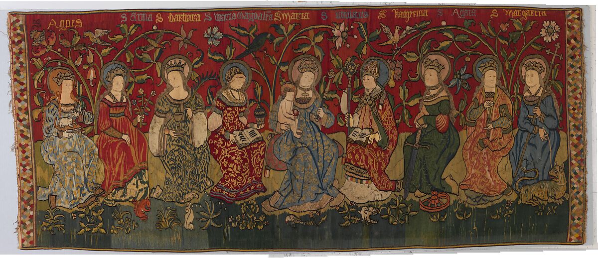 Madonna with Eight Saints, Linen warp;  wool, silk, and metallic wefts, silk embroidery yarns, Upper Rhenish 