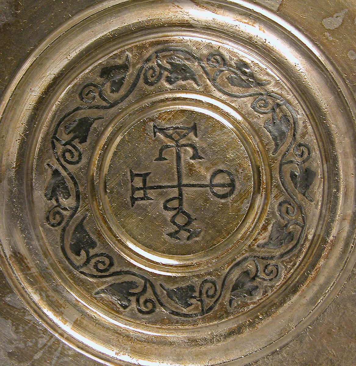 Plate with Monogram, Silver, niello, Byzantine