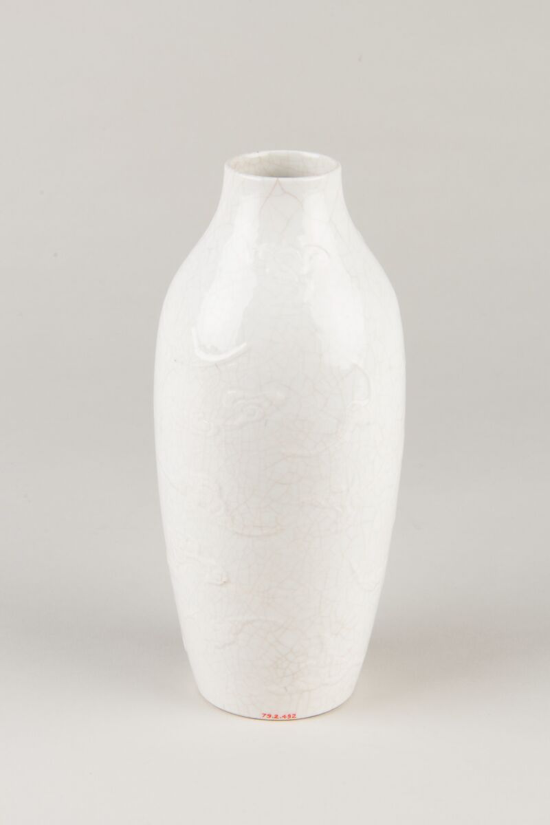 Vase, Porcelain with low-relief decoration under crackled white glaze (Jingdezhen ware), China