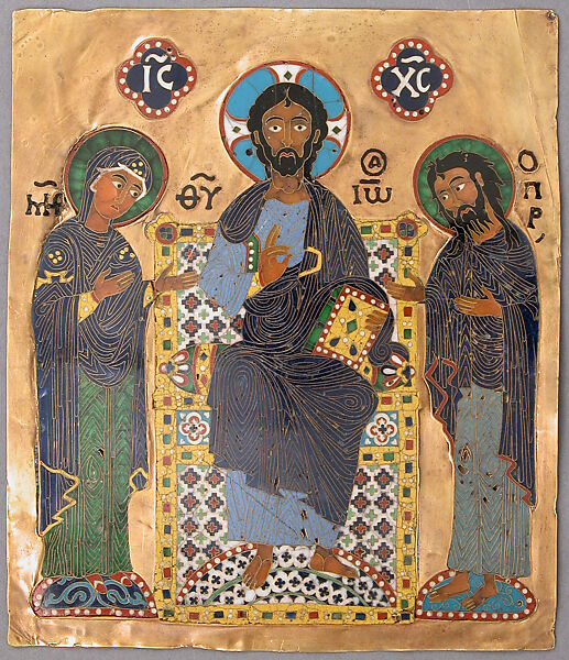 Plaque with Christ flanked by the Virgin and Saint John, Cloisonné enamel, gold, Byzantine 