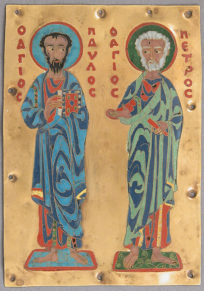 Plaque with Saints Paul and Peter, Cloisonné enamel, gold, Byzantine 