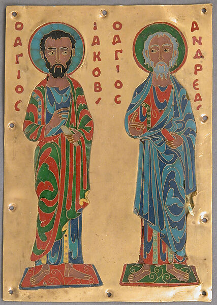 Plaque with Saints James and Andrew, Cloisonné enamel, gold, Byzantine 