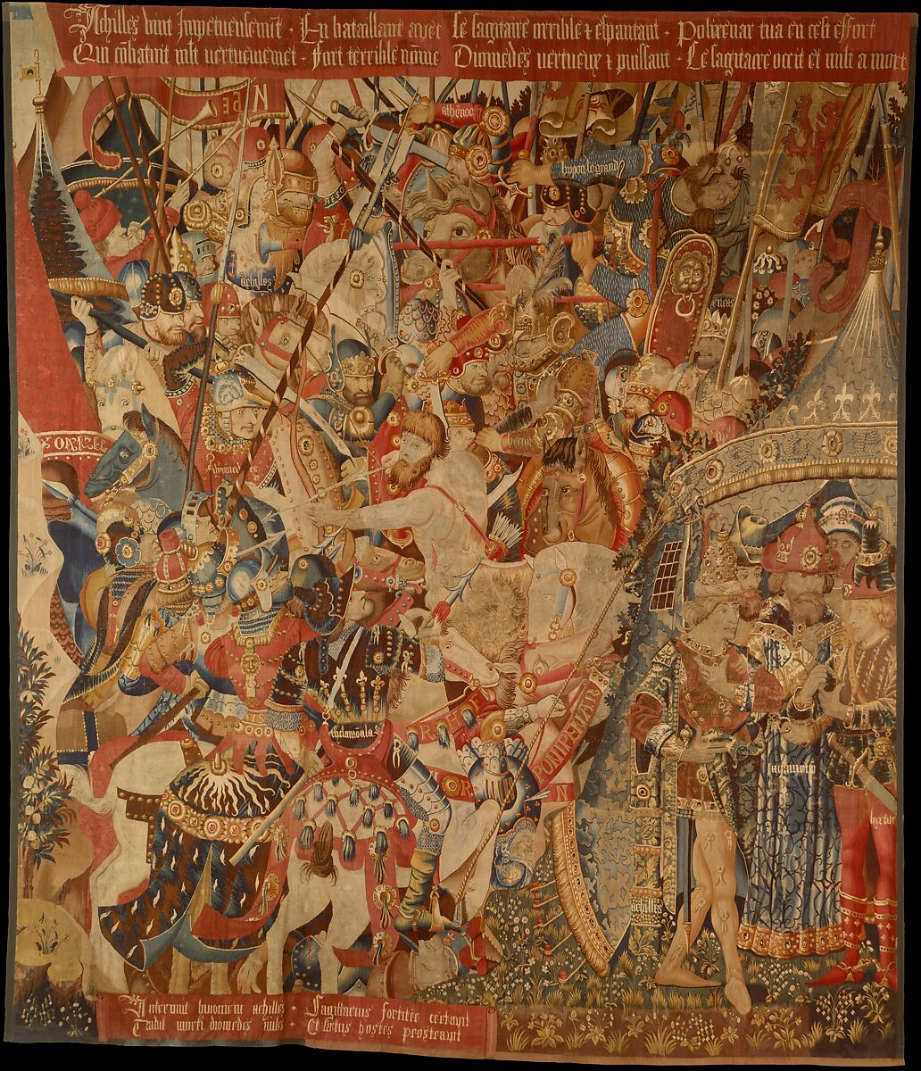 The Battle with the Sagittary and the Conference at Achilles' Tent (from Scenes from the Story of the Trojan War), Probably produced through Jean or Pasquier Grenier of Tournai, Wool warp, wool wefts with a few silk wefts, South Netherlandish 